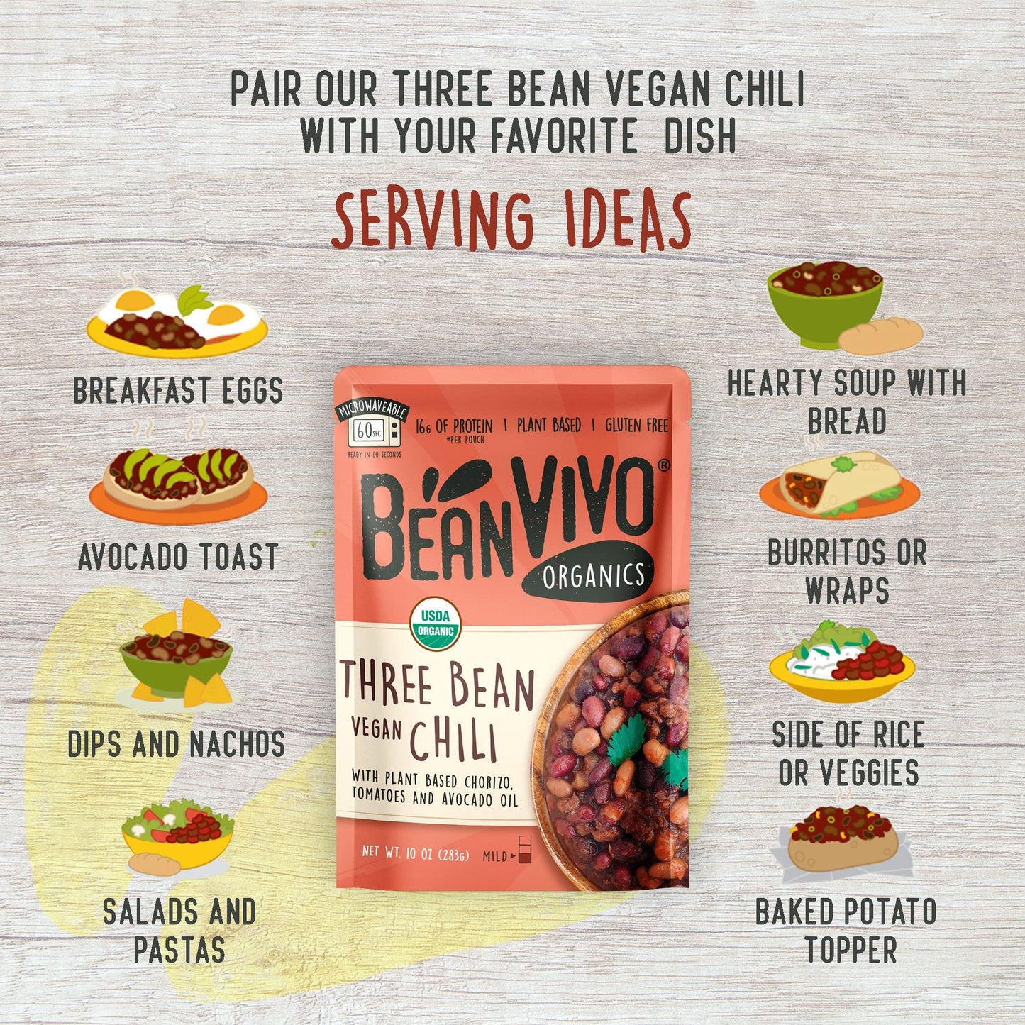 BeanVIVO (Pack of 6) Organics 16g Plant based Protein Three Bean Vegan Chili - Good Source of Fiber - Nutritious & Microwave Meal - Gluten-Free Plant