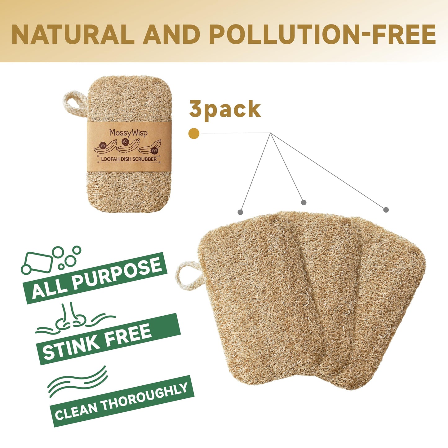 Natural Loofah Dish Sponges 3 Pack | Biodegradable & Eco Friendly Kitchen Sponges for Washing Dishes | Heavy-Duty Dishwashing Sponge | MossyWisp (3)