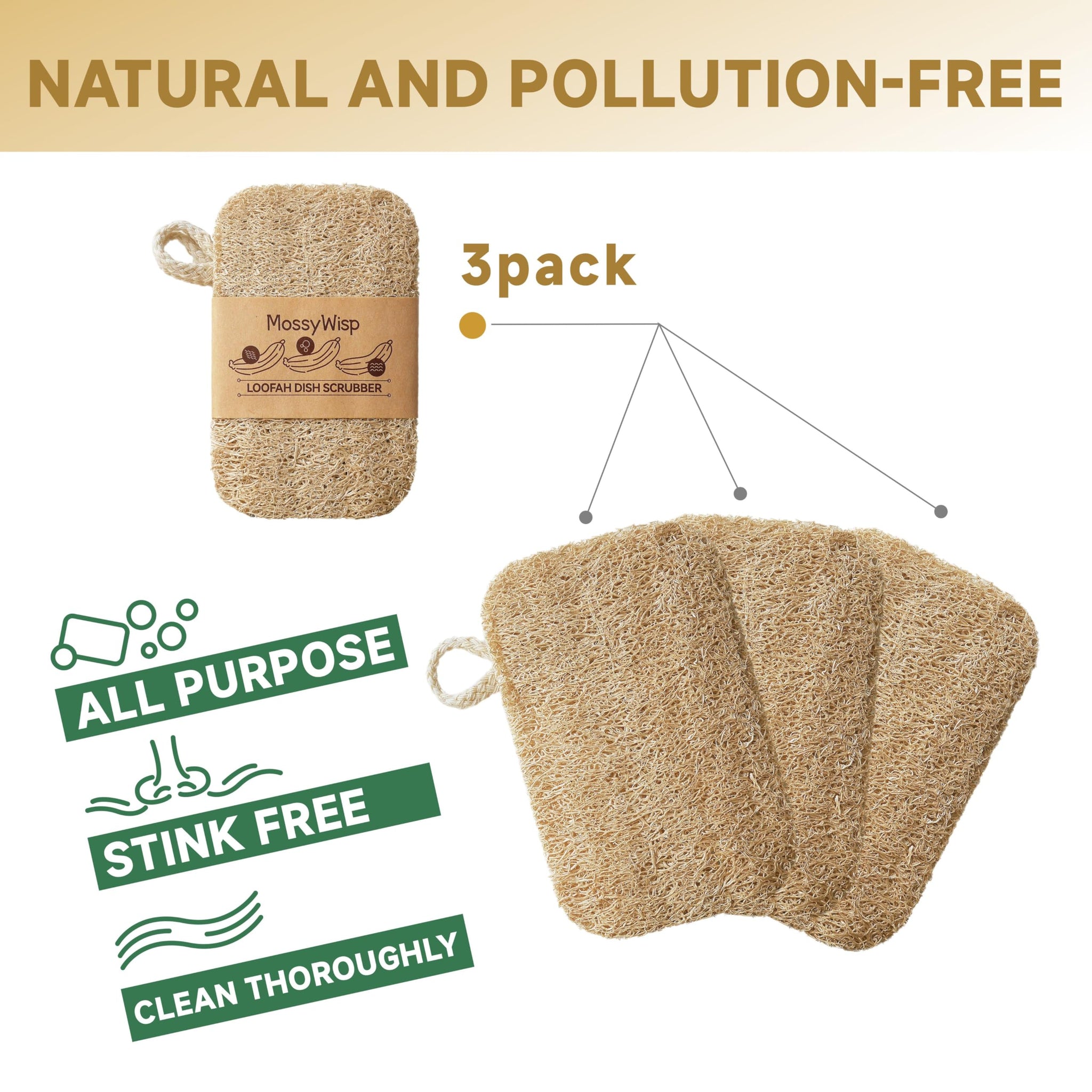 Natural Loofah Dish Sponges 3 Pack | Biodegradable & Eco Friendly Kitchen Sponges for Washing Dishes | Heavy-Duty Dishwashing Sponge | MossyWisp (3)