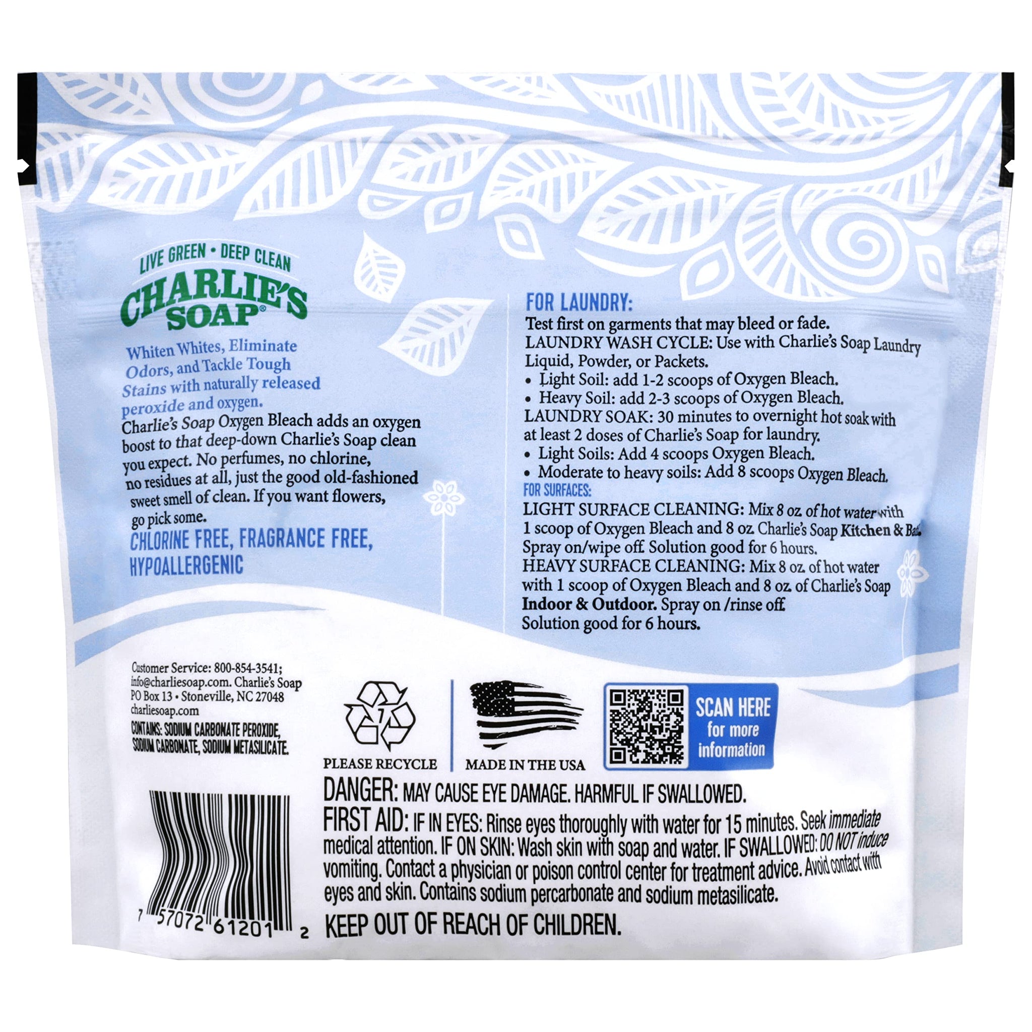 Charlie's Soap Oxygen Powered Bleach Powder, Color Bleach For Clothes, Safe Bleach for White Clothes, An Unscented Fragrance Free Non Chlorine Bleach