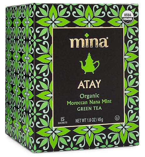 Mina Atay Moroccan Nana Mint Organic Green Tea, 15 Biodegradable Sachets - Refreshing Moroccan Mint Green Tea Bags, Moroccan Mint Tea Bags, Low in