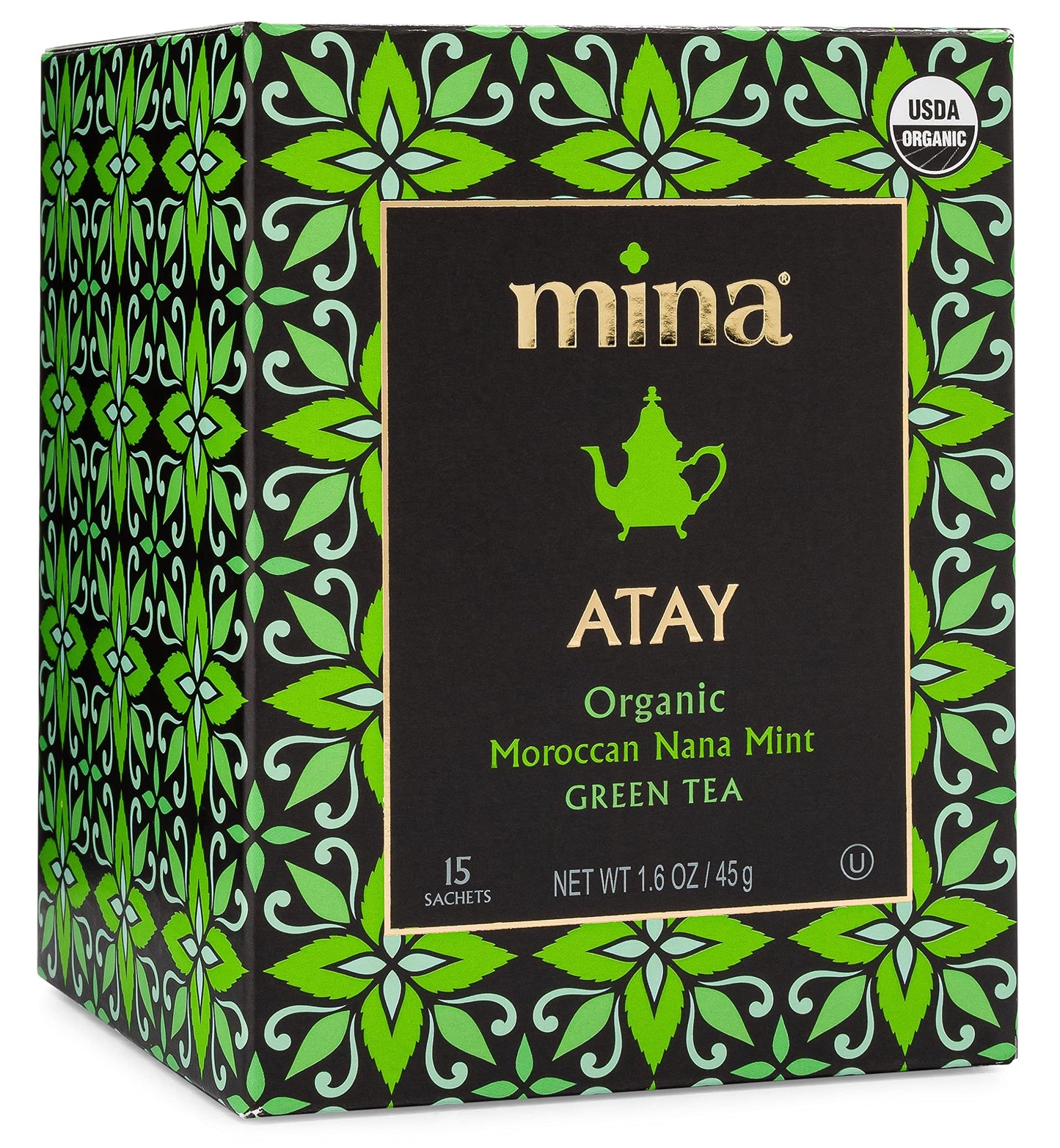 Mina Atay Moroccan Nana Mint Organic Green Tea, 15 Biodegradable Sachets - Refreshing Moroccan Mint Green Tea Bags, Moroccan Mint Tea Bags, Low in