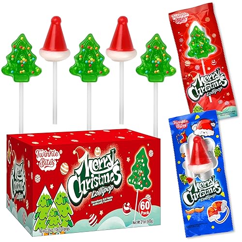 60 Pack Christmas Lollipops - Individually Wrapped Christmas Holiday Themed Hat And Tree Lollipops - Colorful Red & Green Designs & Delicious Flavor