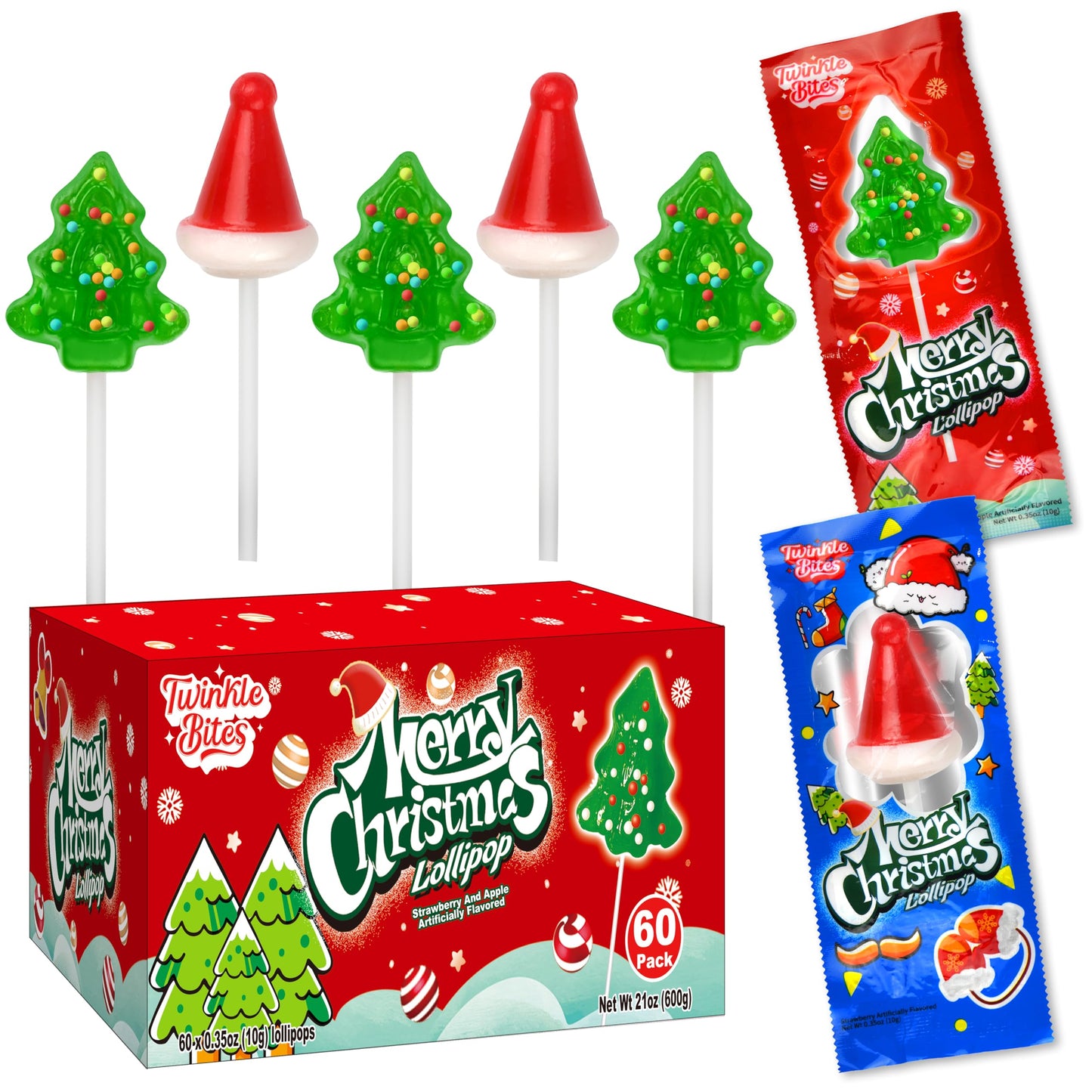 60 Pack Christmas Lollipops - Individually Wrapped Christmas Holiday Themed Hat And Tree Lollipops - Colorful Red & Green Designs & Delicious Flavor