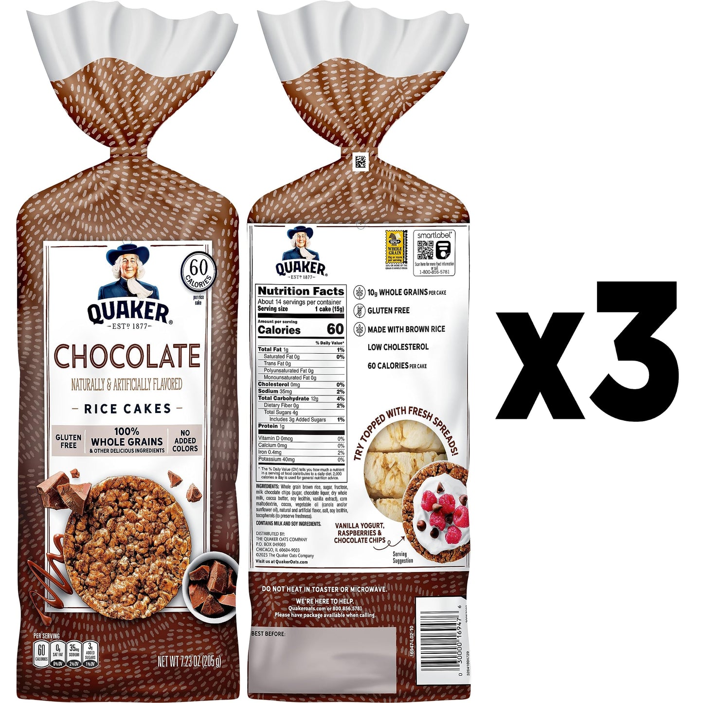 Quaker Large Rice Cakes, Chocolate, 7.23 oz Bags, (3 Pack), Gluten Free, Whole Grain, No Added Colors