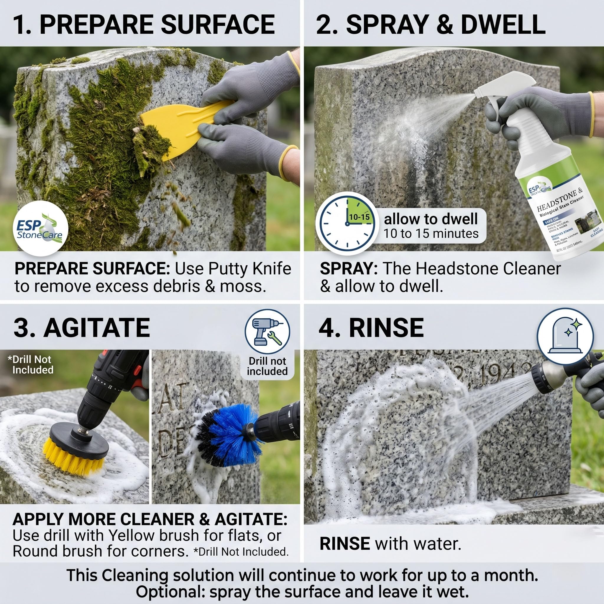 ESP Stone Care Headstone Cleaner Kit for Grave Cleaning - 1 Quart Spray Solution - Includes Drill Brushes - Ideal for Cleaning Headstones, Tombstones