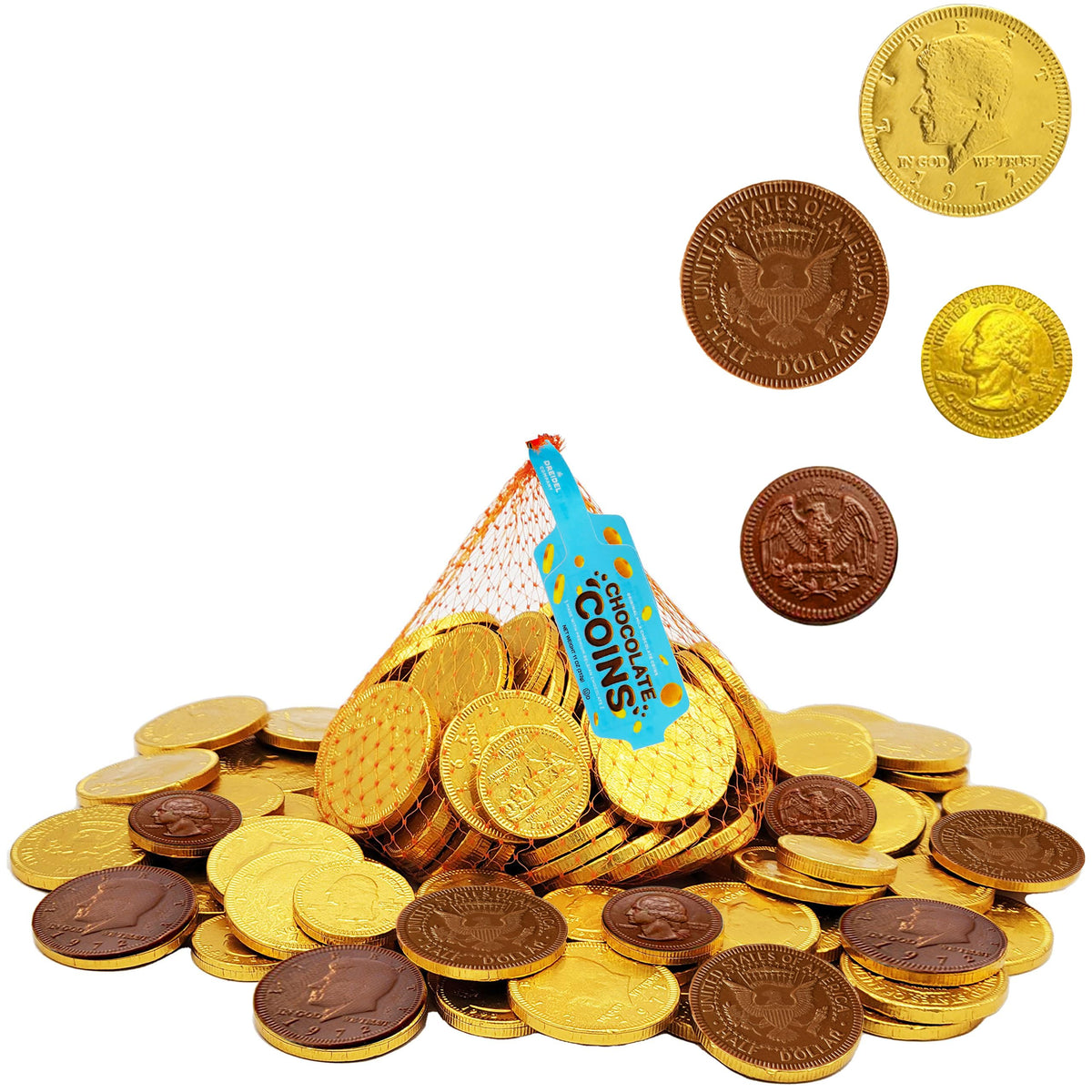 The Dreidel Company Milk Chocolate Coins, One Large Mesh Bag Contains 70 Half Dollar Coins for St. Patrick's Day Made with Premium Nut-Free Belgian