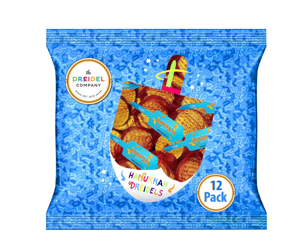 The Dreidel Company Hanukkah Chocolate Gelt, 12-Pack Mesh Bags of Milk Chocolate Coins, Kosher Certified Dairy, Dreidel and Menorah Design Chanukah