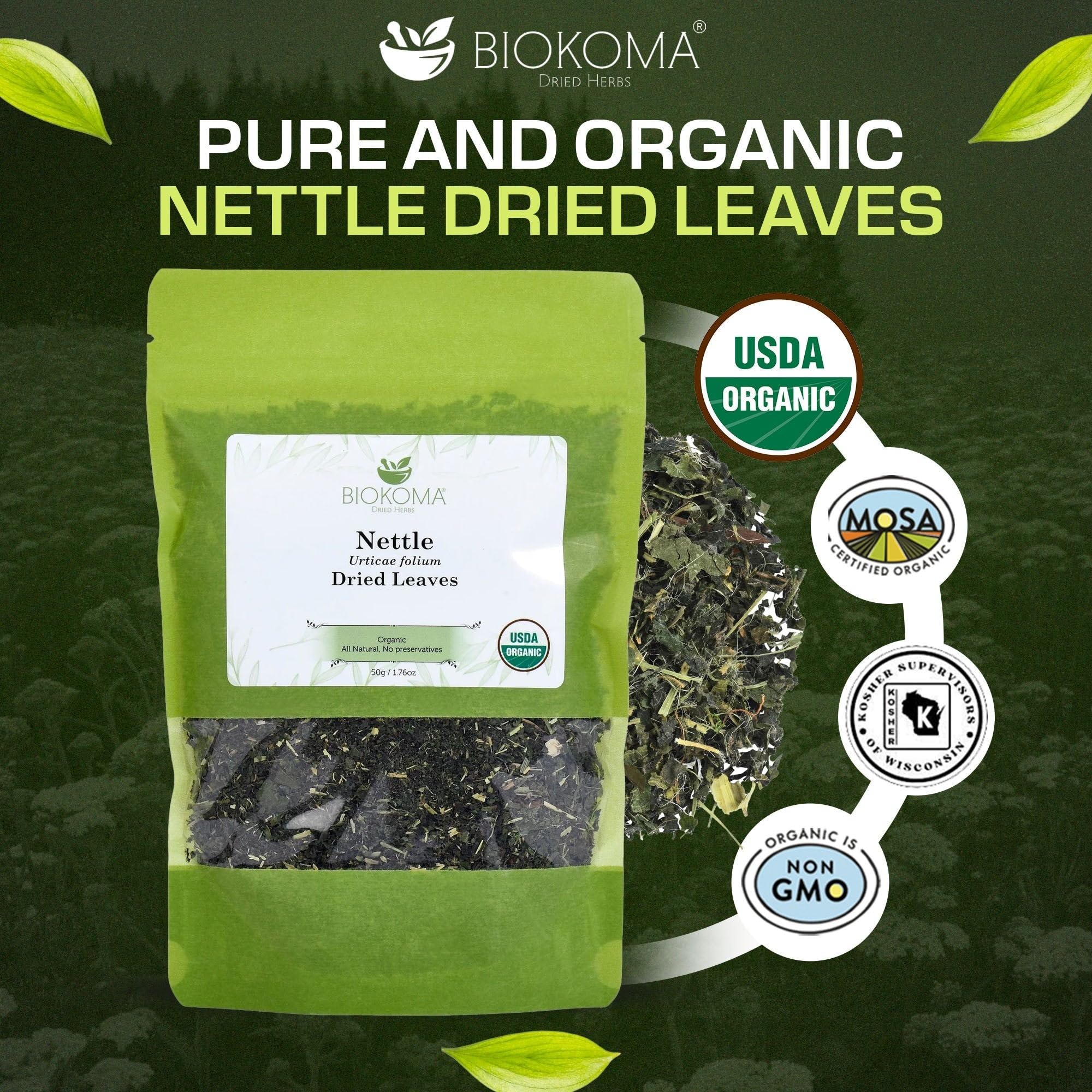 Biokoma Organic Nettle Leaves 50g 1.76oz Dried Cut & Sifted Urtica Dioica Leaf USDA Organic Herbal Tea Natural Wellness Seasonal Support Resealable