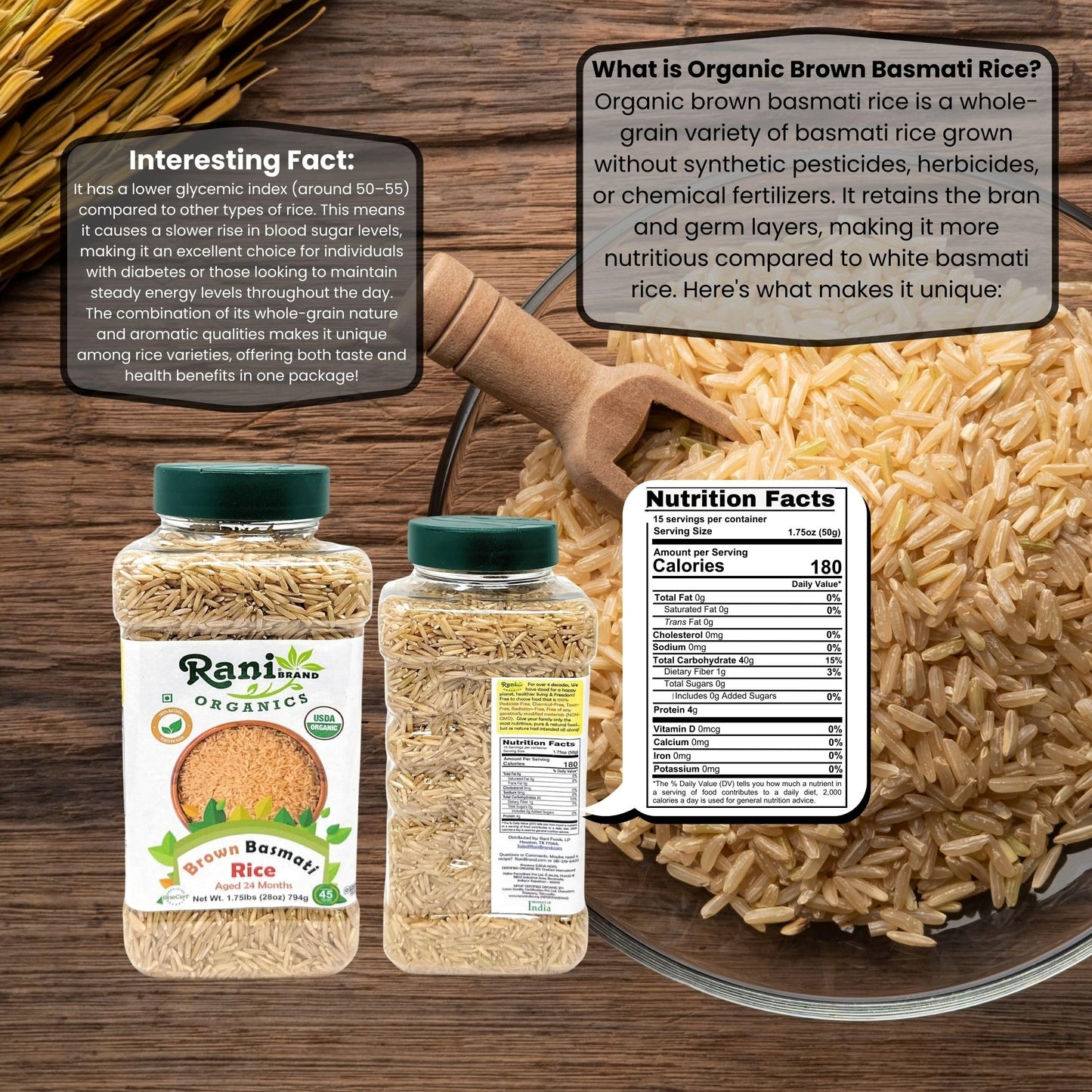 Rani Brown Basmati Rice Extra Long Aged 28oz (1.75lbs) 800g PET Jar ~ All Natural | Gluten Friendly | Vegan | Indian Origin | Kosher | Export Quality | USDA Certified Organic