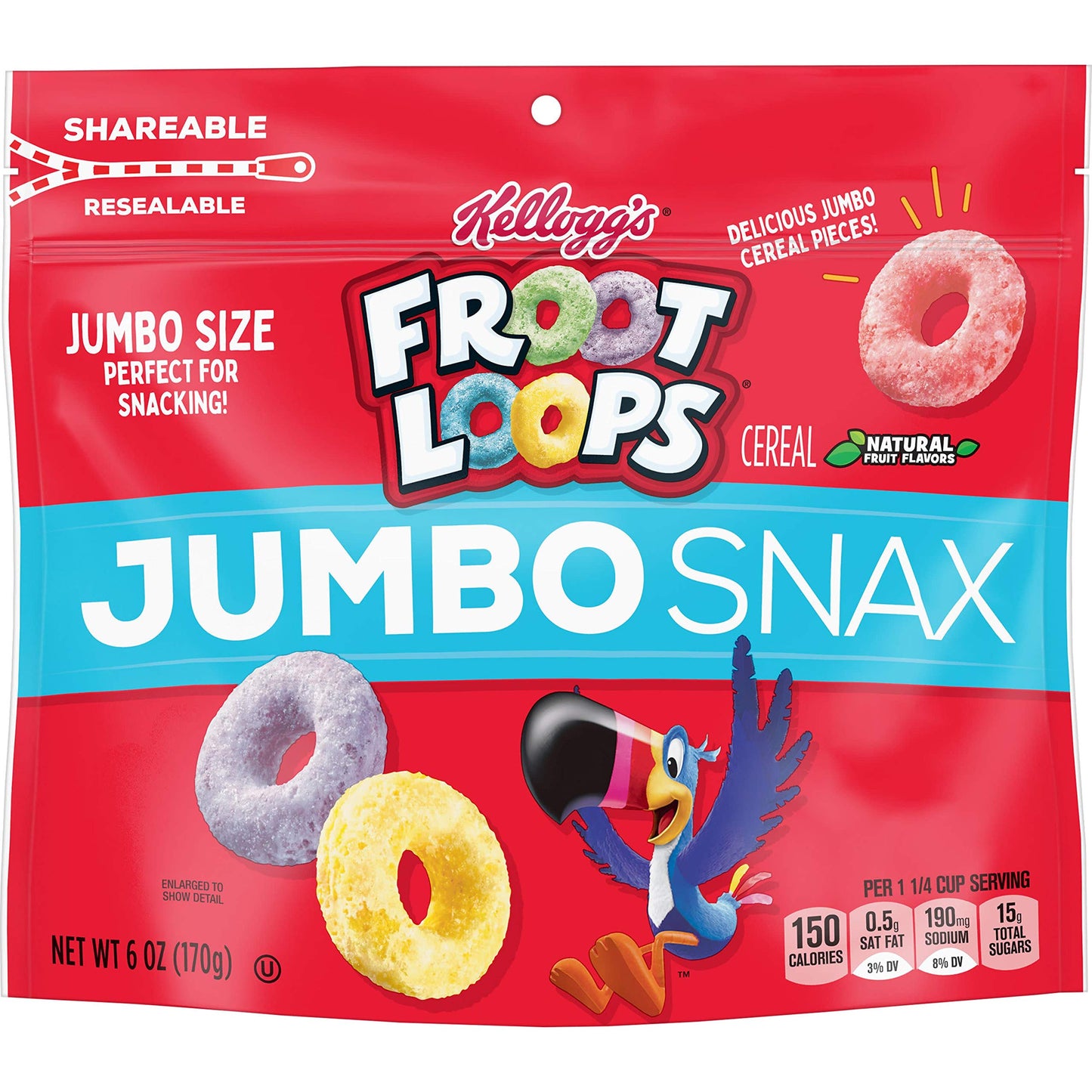 Froot Loops Jumbo Snax Cereal Snacks, Kids Snacks, Fruit Flavored, Original, 6oz Bag (1 Bag)