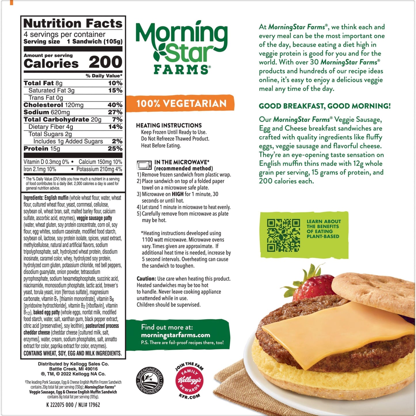 MorningStar Farms Veggie Breakfast Sandwich, Plant Based, Frozen Breakfast, Meatless Sausage Egg and Cheese, 14.8oz Box (4 Patties)