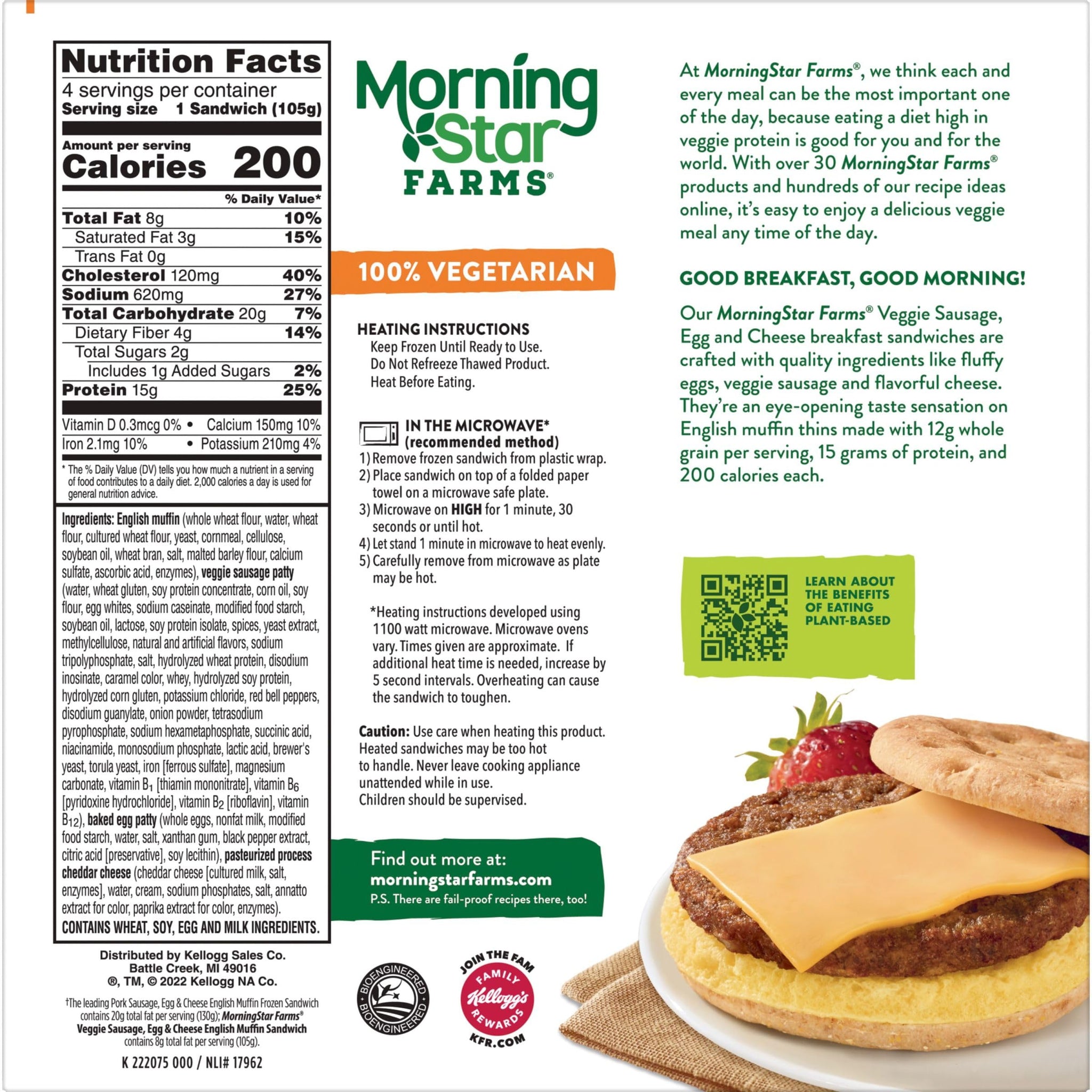 MorningStar Farms Veggie Breakfast Sandwich, Plant Based, Frozen Breakfast, Meatless Sausage Egg and Cheese, 14.8oz Box (4 Patties)