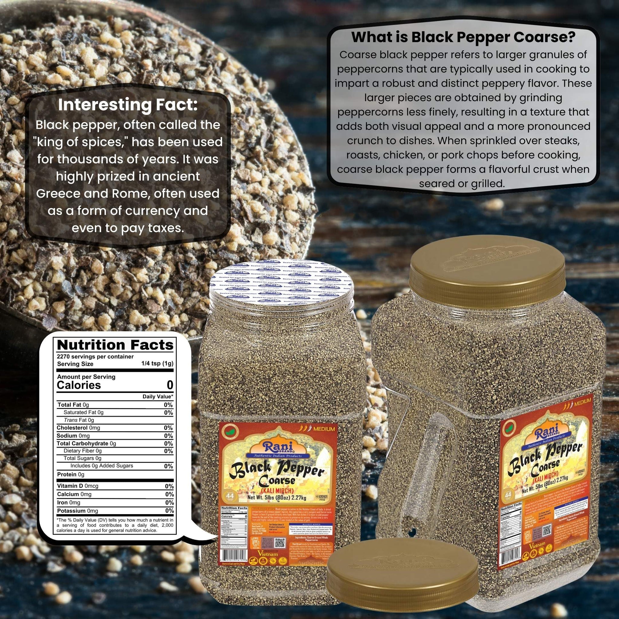 Rani Black Pepper Coarse Ground 28 Mesh (Table Grind) 80oz (5lbs) 2.27kg Bulk PET Jar ~ All Natural | Vegan | Gluten Friendly | NON-GMO | Kosher |