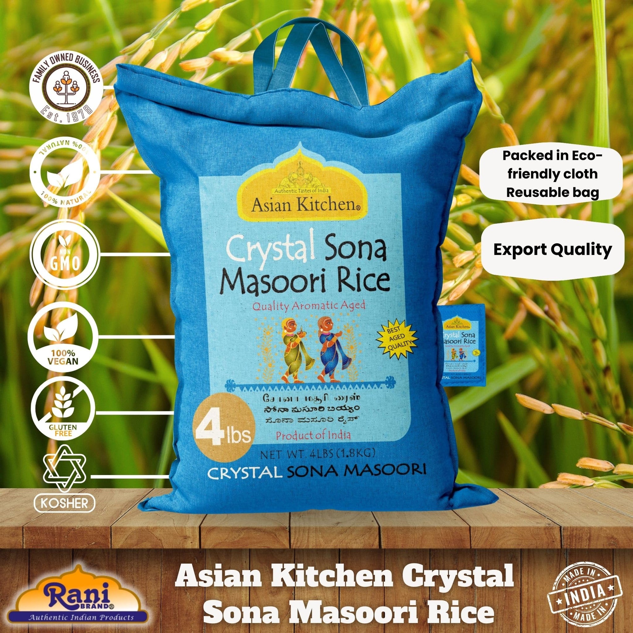 Asian Kitchen Crystal Sona Masoori Aged Rice 4-Pound Bag, 4lbs (1.81kg) Short Grain Rice ~ All Natural | Gluten Friendly | Vegan | Kosher | Indian