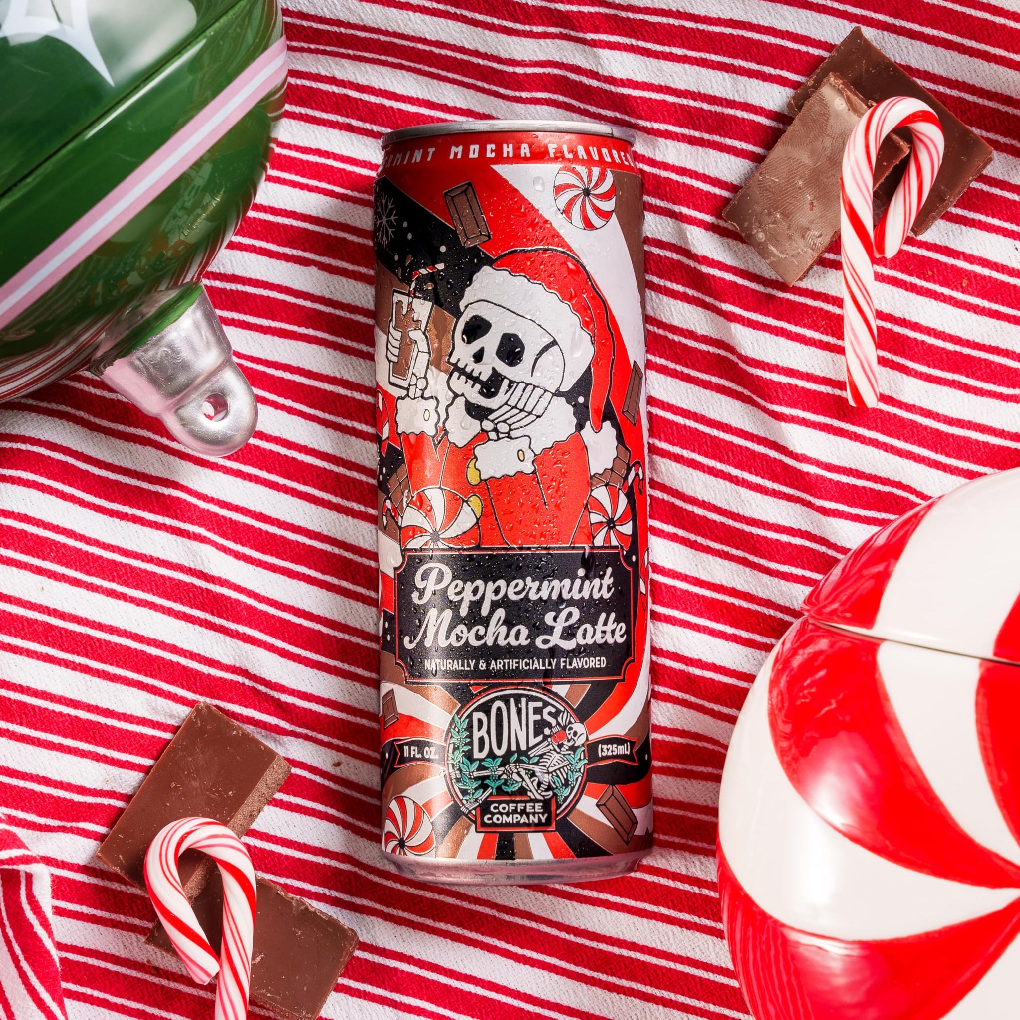Bones Coffee Company Peppermint Mocha Latte Flavored Coffee, Medium Roast Ready To Drink Iced Coffee in Can, 11 Fl Oz Can (12 Pack)