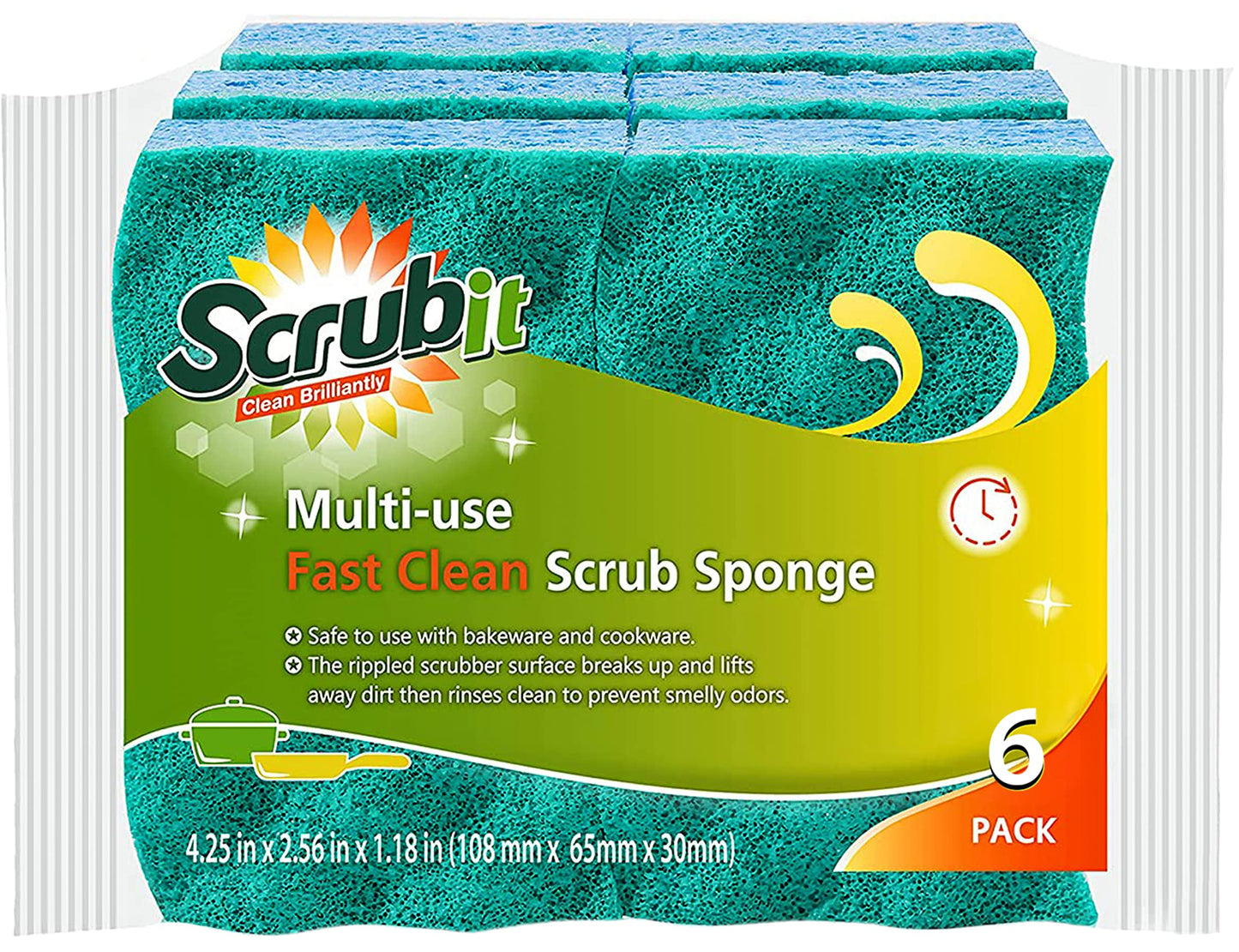SCRUBIT Multi-Use Scrub Sponge - Non-Scratch Kitchen Sponges for Dishes, Pots & Pans - Heavy Duty & Odor-Free Rippled Scrubbing Pad, Designed
