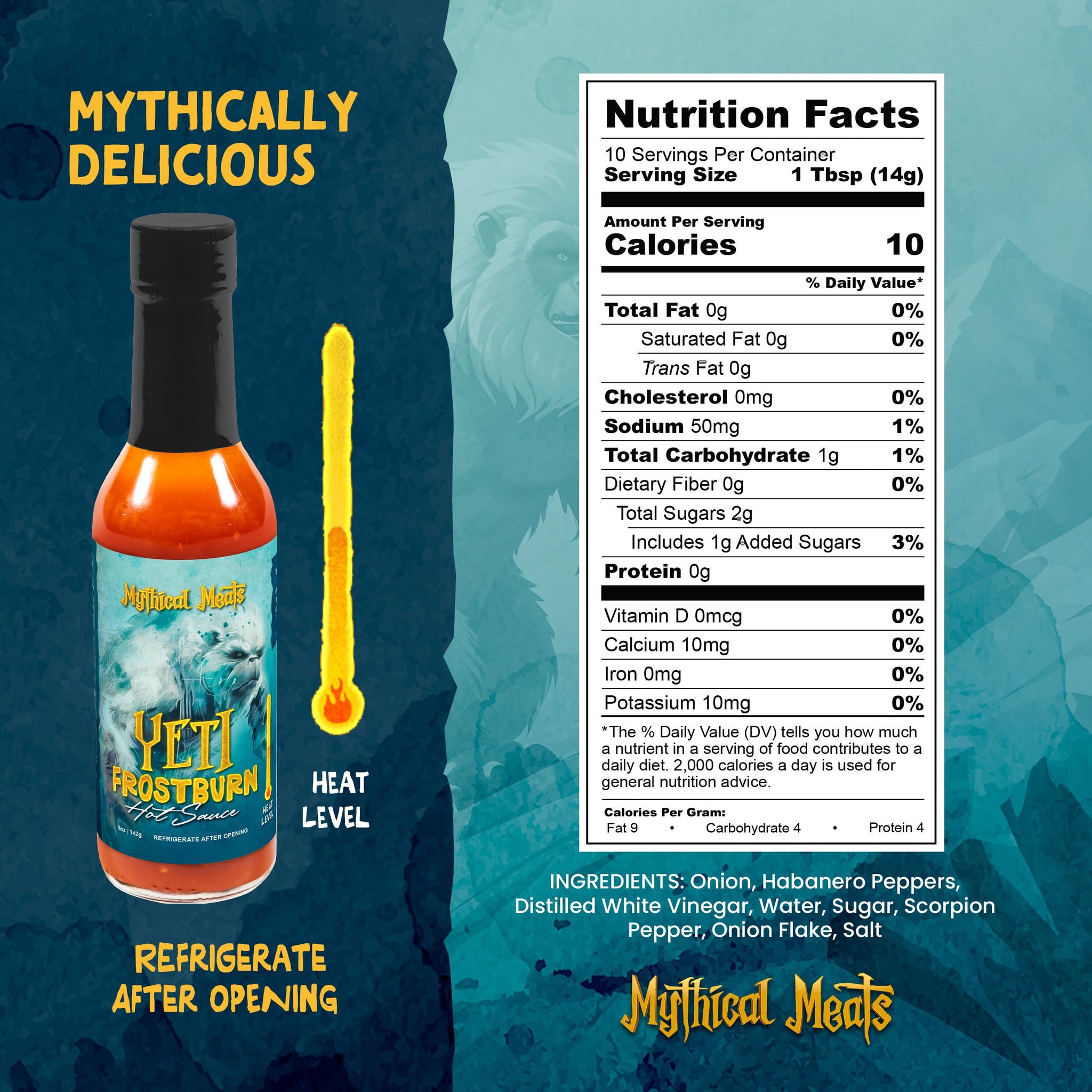 Mythical Meats Yeti Frostburn Hot Sauce - Sweet Onion & Habanero Blend, Gluten Free, Non GMO, 5/10 Heat