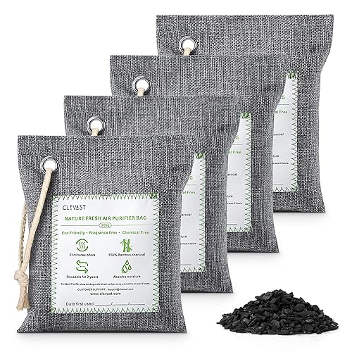 CLEVAST Bamboo Charcoal Air Purifying Bags - (Large, 4×200g), Removes Odors and Moisture, Nature Fresh Air Purifier Bags, Odor Eliminator for Home