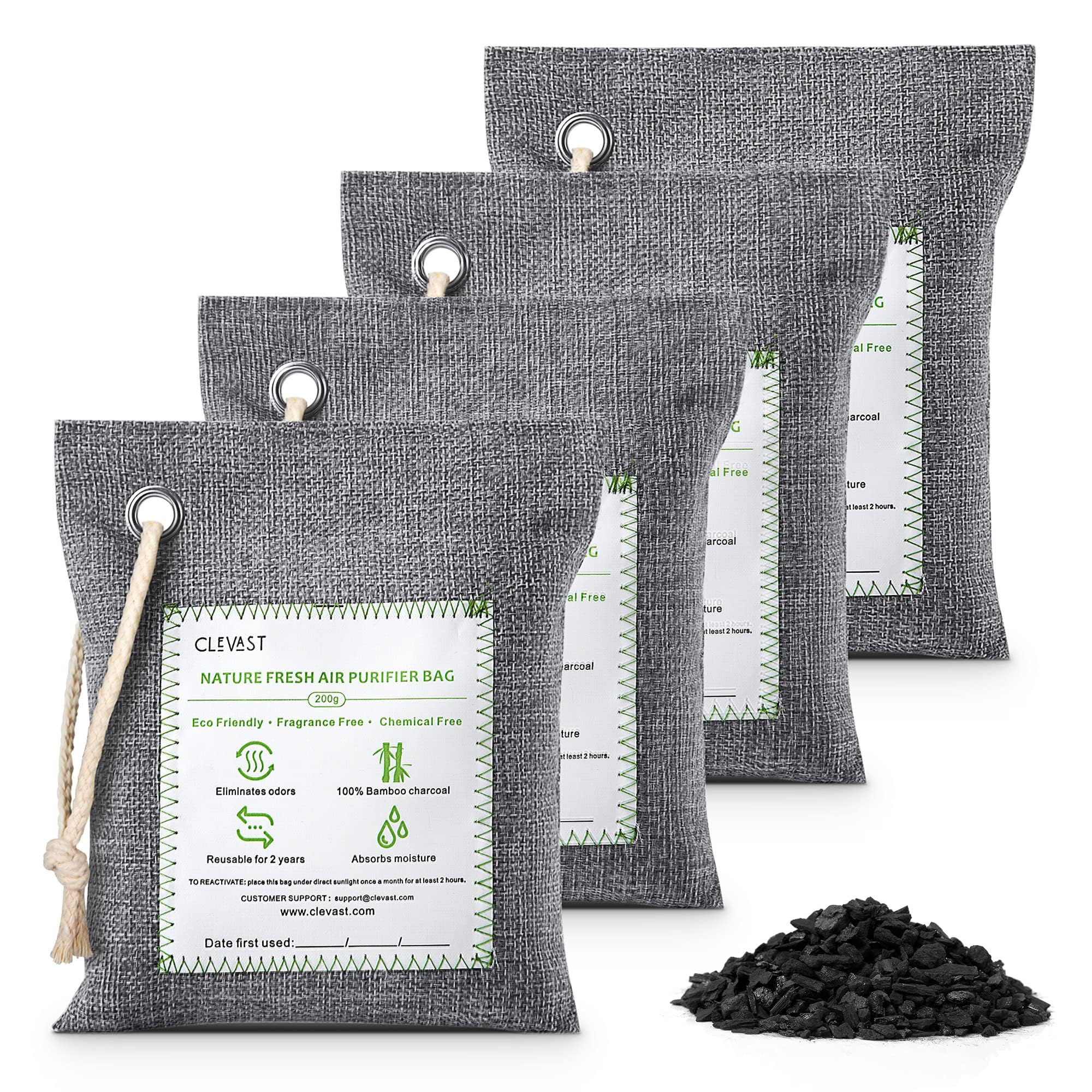 CLEVAST Bamboo Charcoal Air Purifying Bags - (Large, 4×200g), Removes Odors and Moisture, Nature Fresh Air Purifier Bags, Odor Eliminator for Home