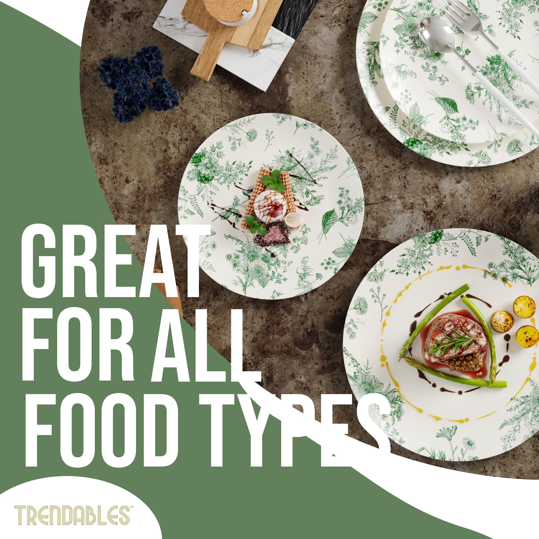 Trendables 80 Piece Plastic Disposable Plates Set For 40 Guests I 40 X 8 Inch Dessert Plates & 40 X 10 Inch Wedding Party Plates | Ivory & Green
