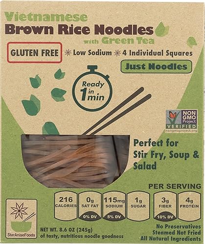 Star Anise Foods Brown Rice Gluten Free Noodles with Green Tea - 24 Servings, 8.6 Oz. Per Box, Pack of 6 Boxes, Pho Noodles Vietnamese, Pad Thai