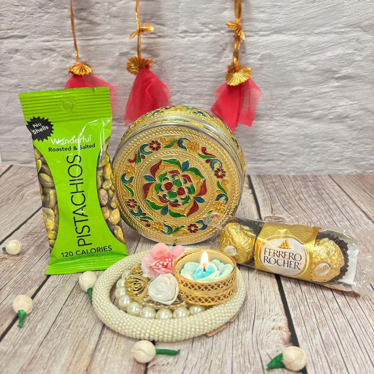 LoveNspire Diwali Gift Hamper with Meenakari Stainless Steel Sweet Box & Pearl Candle Holder for Diwali Pooja, Housewarming, Christmas & Festive