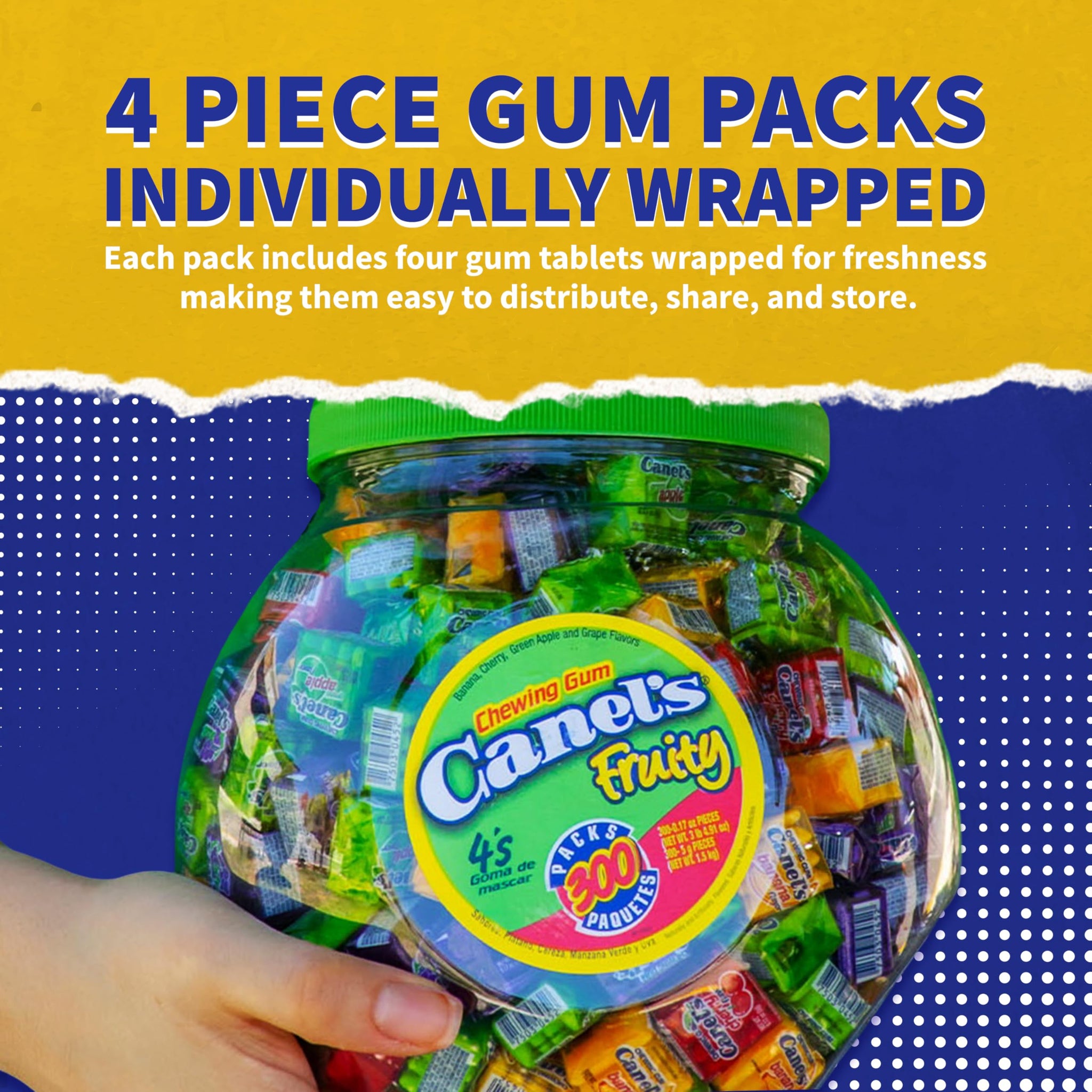Canel’s Fruit Flavor Chewing Gum, 4 Piece Packs with Cherry, Banana, Grape, and Apple, for Parties and Sharing, 300 Count Jar (Pack of 1)