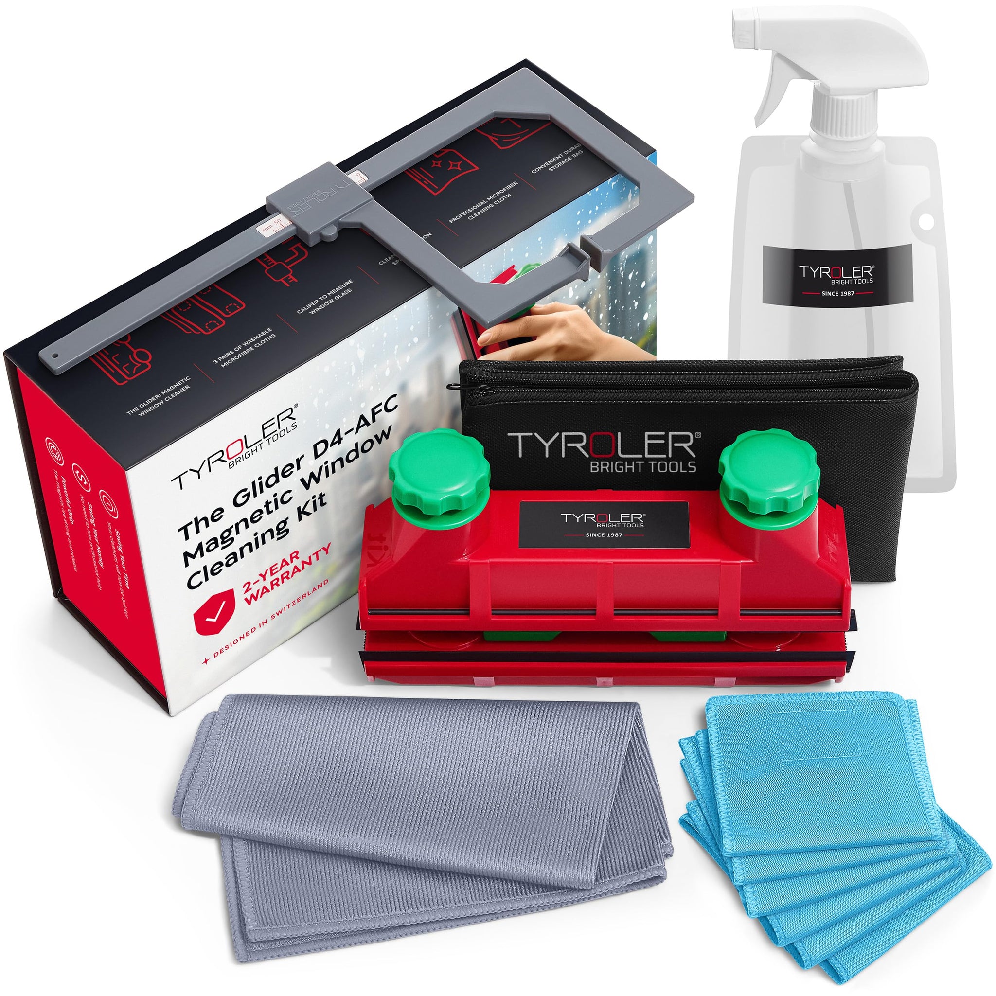 Tyroler Magnetic Window Cleaner Tool | The Glider D4 Window Cleaning Tool Fits Windows 0.1"-1.6" Thick | All-in-One Window Cleaning Kit | Magnetic