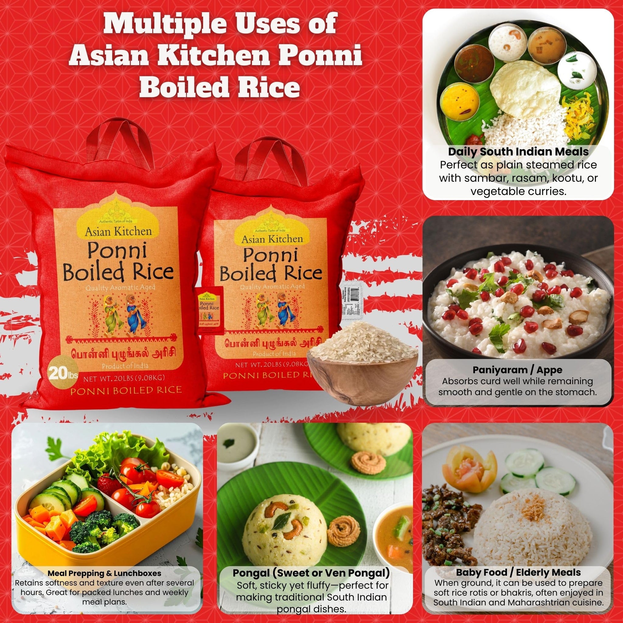 Asian Kitchen Ponni Boiled Rice 20-Pound Bag, 20lbs (9.08kg) Short Grain Par Boiled Rice ~ All Natural | Gluten Free | Vegan | Indian Origin | Export