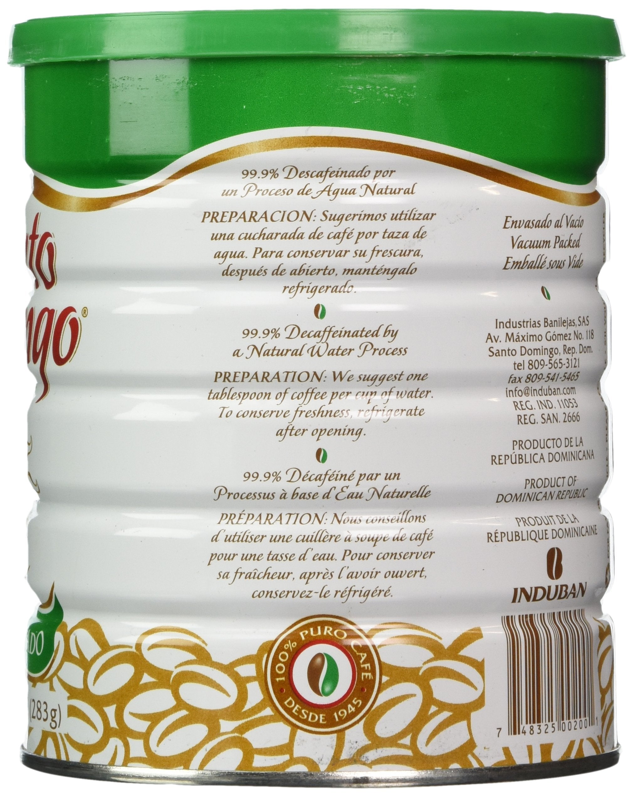 Decaffeinated Coffee Santo Domingo Decaf 2 Vacuum Packed Cans 10 oz.