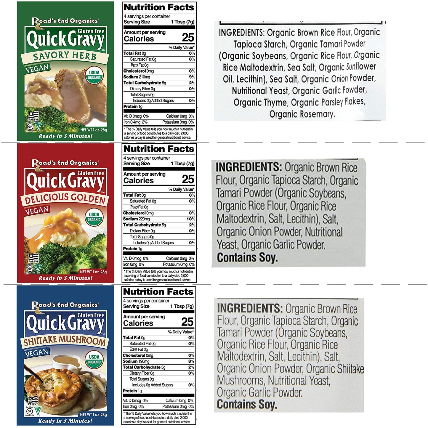 Roads End Organics Gravy Variety Pack ~ Includes (4) Shiitake Mushroom Gravy Mix, 1 Oz, (4) Savory Herb Gravy Mix, 1 Oz and (4) Golden Gravy Mix, 1 Oz