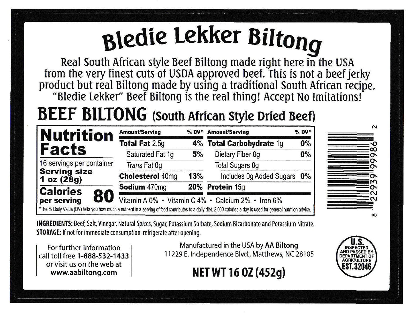 Bledie Lekker® Sliced Beef Biltong One Pound Resealable Bag - 16oz