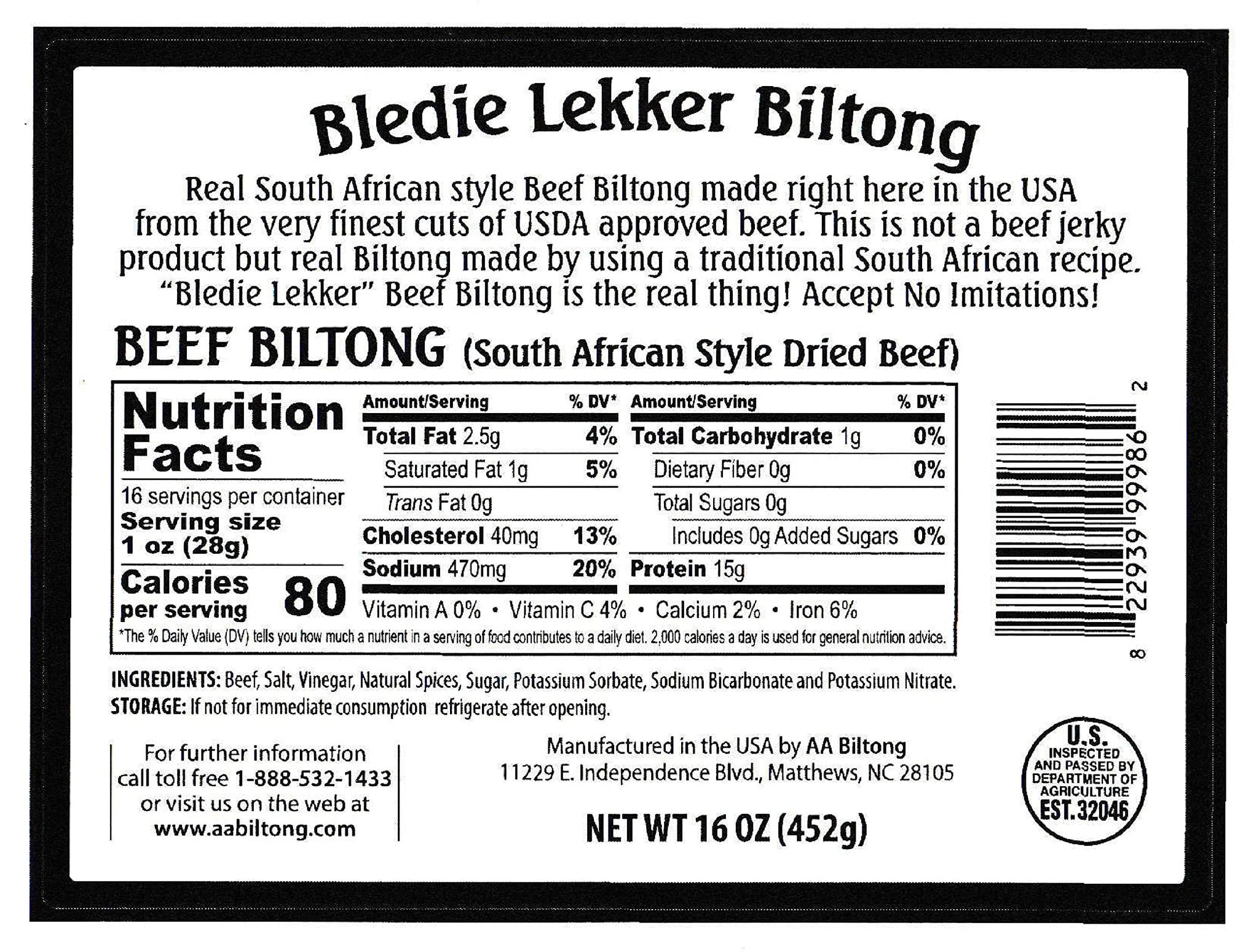 Bledie Lekker® Sliced Beef Biltong One Pound Resealable Bag - 16oz