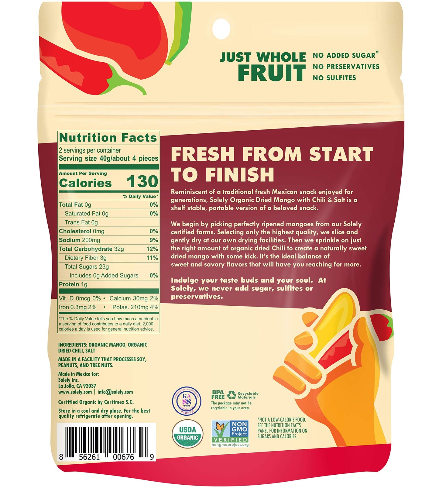 SOLELY Organic Dried Mango Strips with Chili and Salt, 2.8 oz | Three Ingredients | Vegan | Non-GMO | No Added Sugar