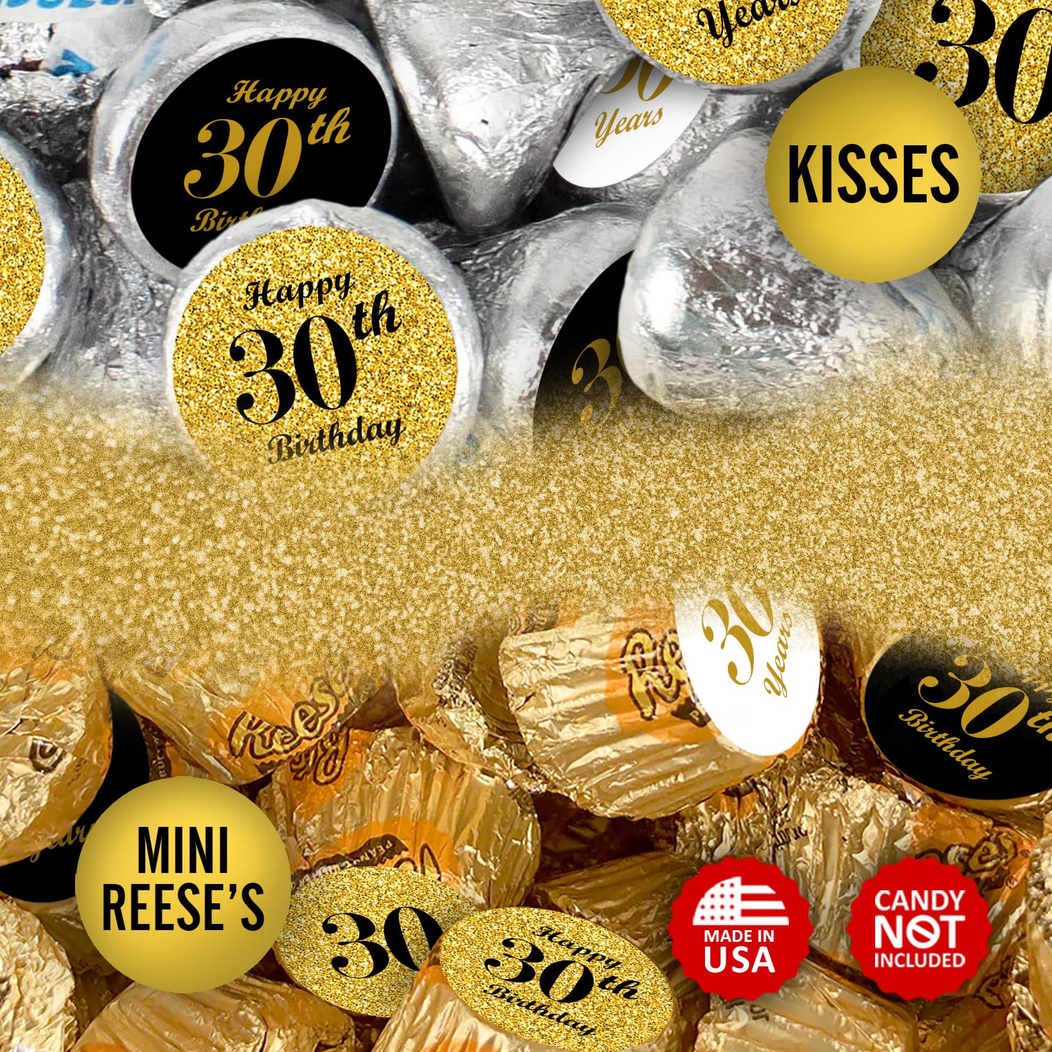 30th Birthday Kisses Stickers, (Set of 324) Chocolate Drops Labels for 30th Birthday, Party Favors Decor for Kisses. Made in USA, 9 Designs (36
