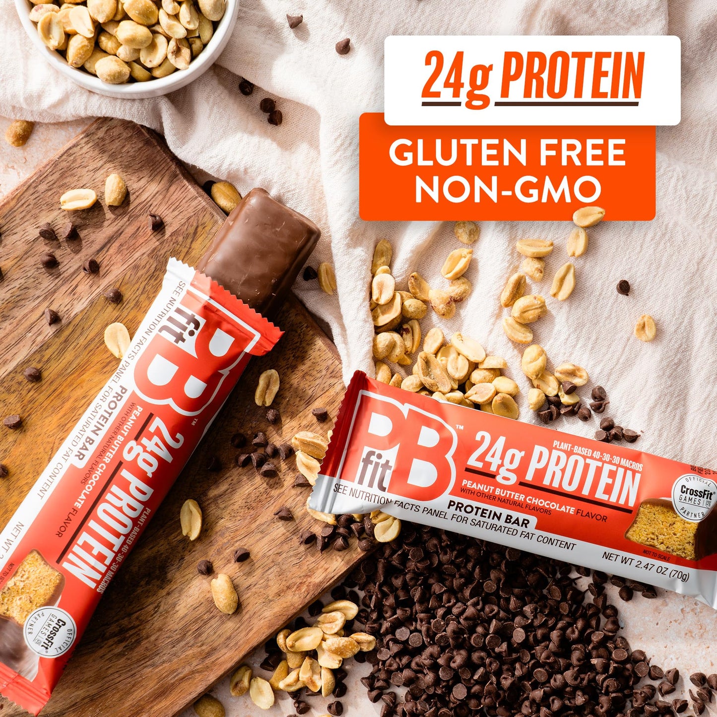 PBfit Peanut Butter Chocolate Protein Bars, 24g Protein, Gluten Free, Vegan, Plant-Based 40-30-30 Macros, 2.47 Oz (Pack of 12)