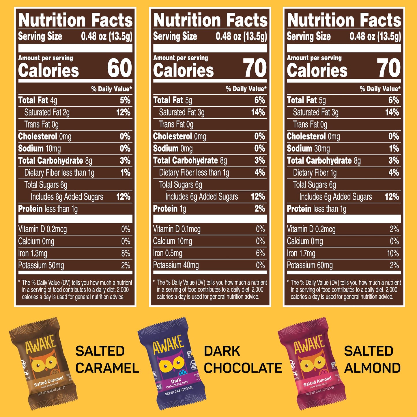 AWAKE - Caffeinated Chocolate Bites - USA Variety Pack (3 Flavors) 50 Bites - Dark, Salted Caramel, & Salted Almond - 50mg Caffeine - Coffee