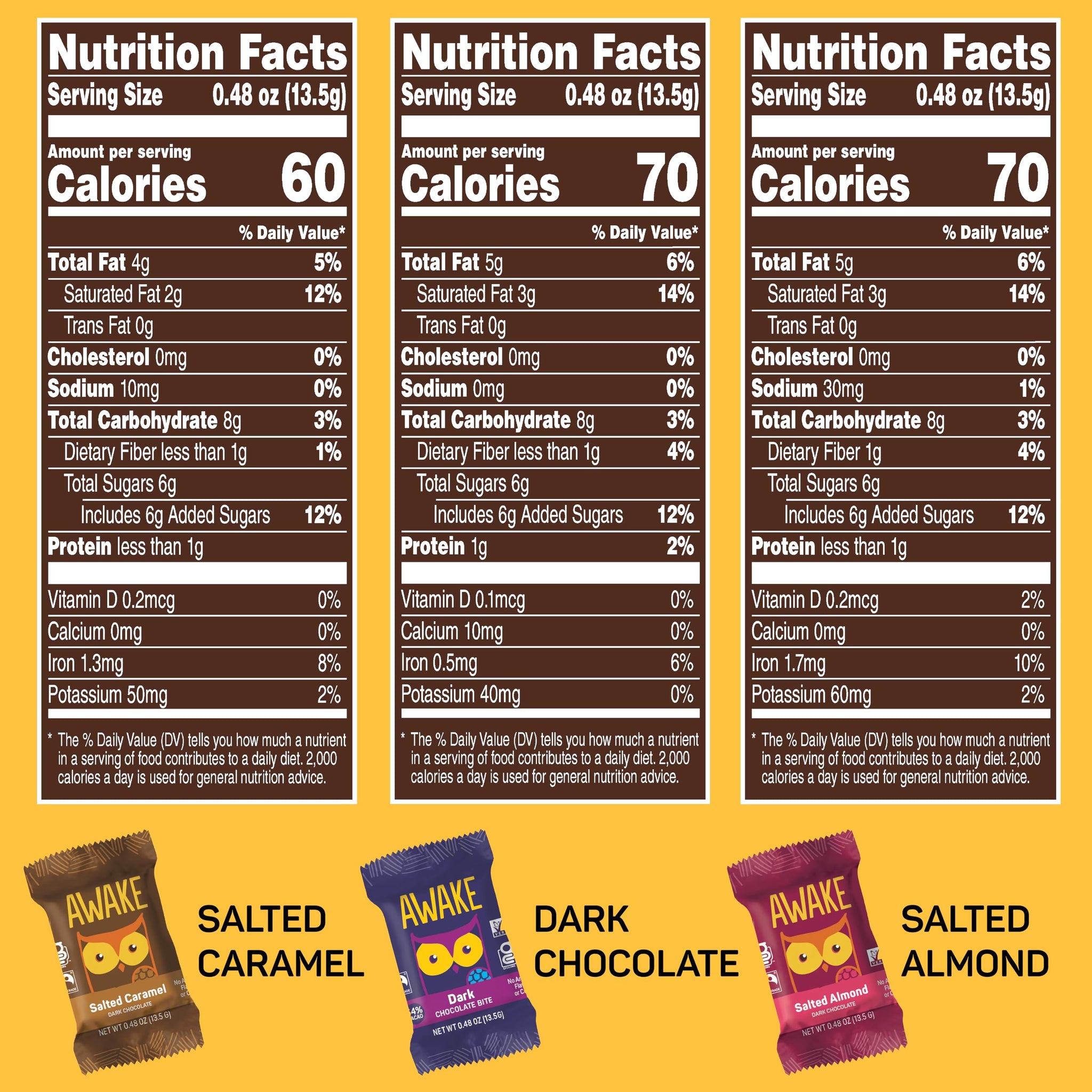 AWAKE - Caffeinated Chocolate Bites - USA Variety Pack (3 Flavors) 50 Bites - Dark, Salted Caramel, & Salted Almond - 50mg Caffeine - Coffee