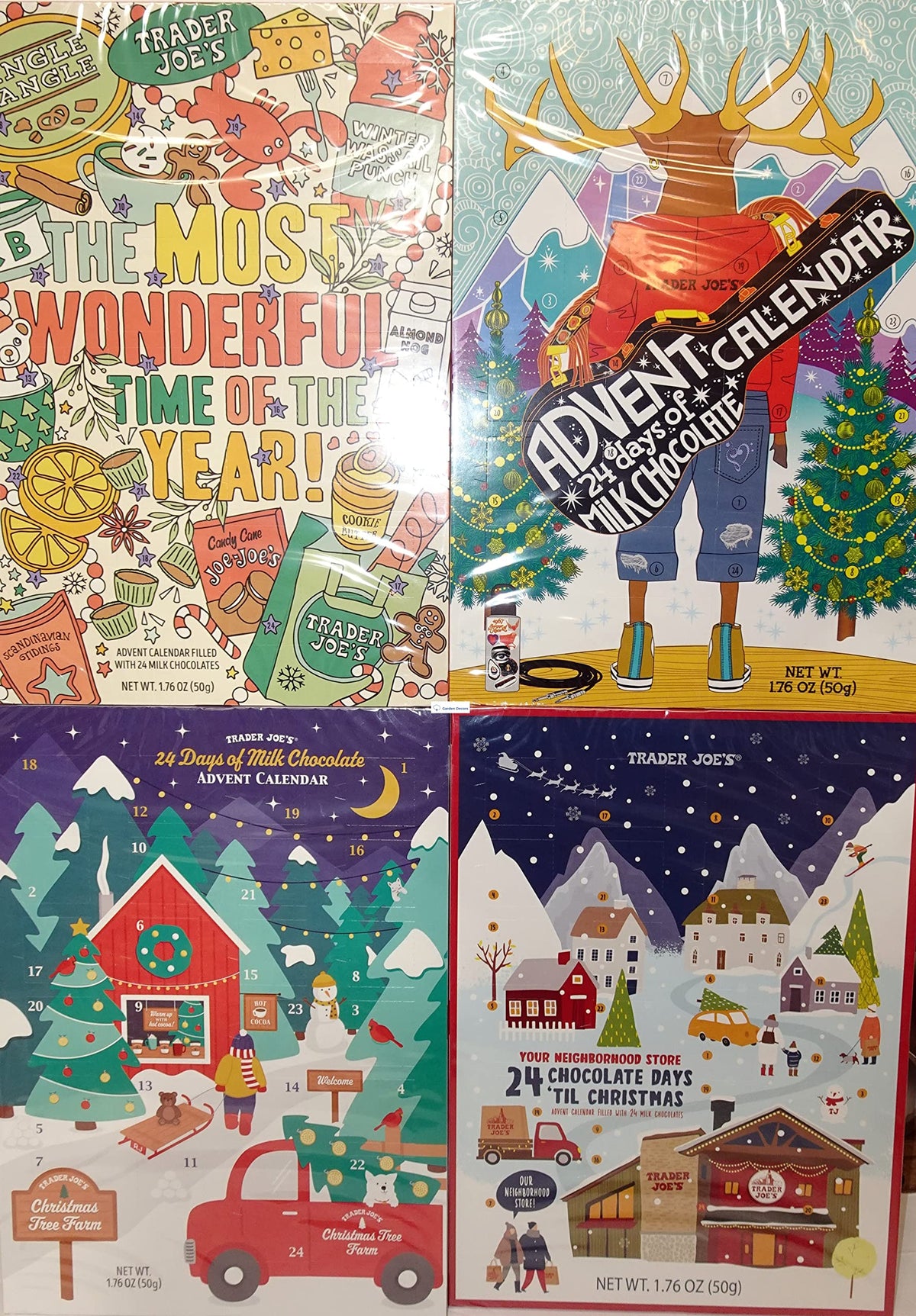 Trader Joe’s Advent Calendar 24 Milk Chocolate Figures 1.76oz 50g (Four Random Boxes)