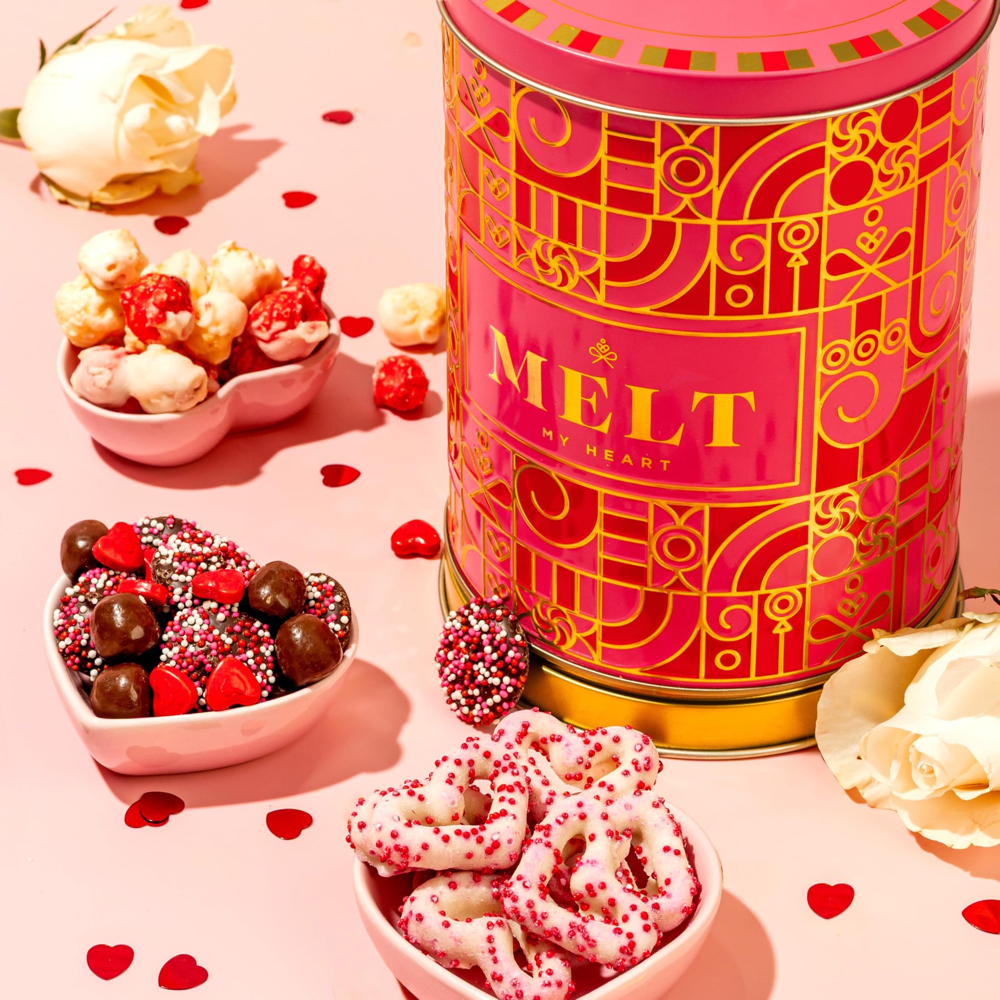Gift Tin with Assorted Treats, Popcorn, Yogurt Heart Pretzels, Milk Chocolate Caramel Balls, Musical Present for Wife, Girlfriend, Romantic, Mom