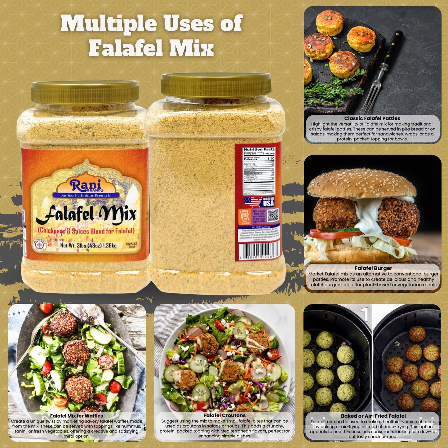 Rani Falafex Mix (Chickpeas & Spices Blend for Falafel) 48oz (3lbs) 1.36kg PET Jar ~ Gluten Friendly | NON-GMO | Kosher | Product of USA