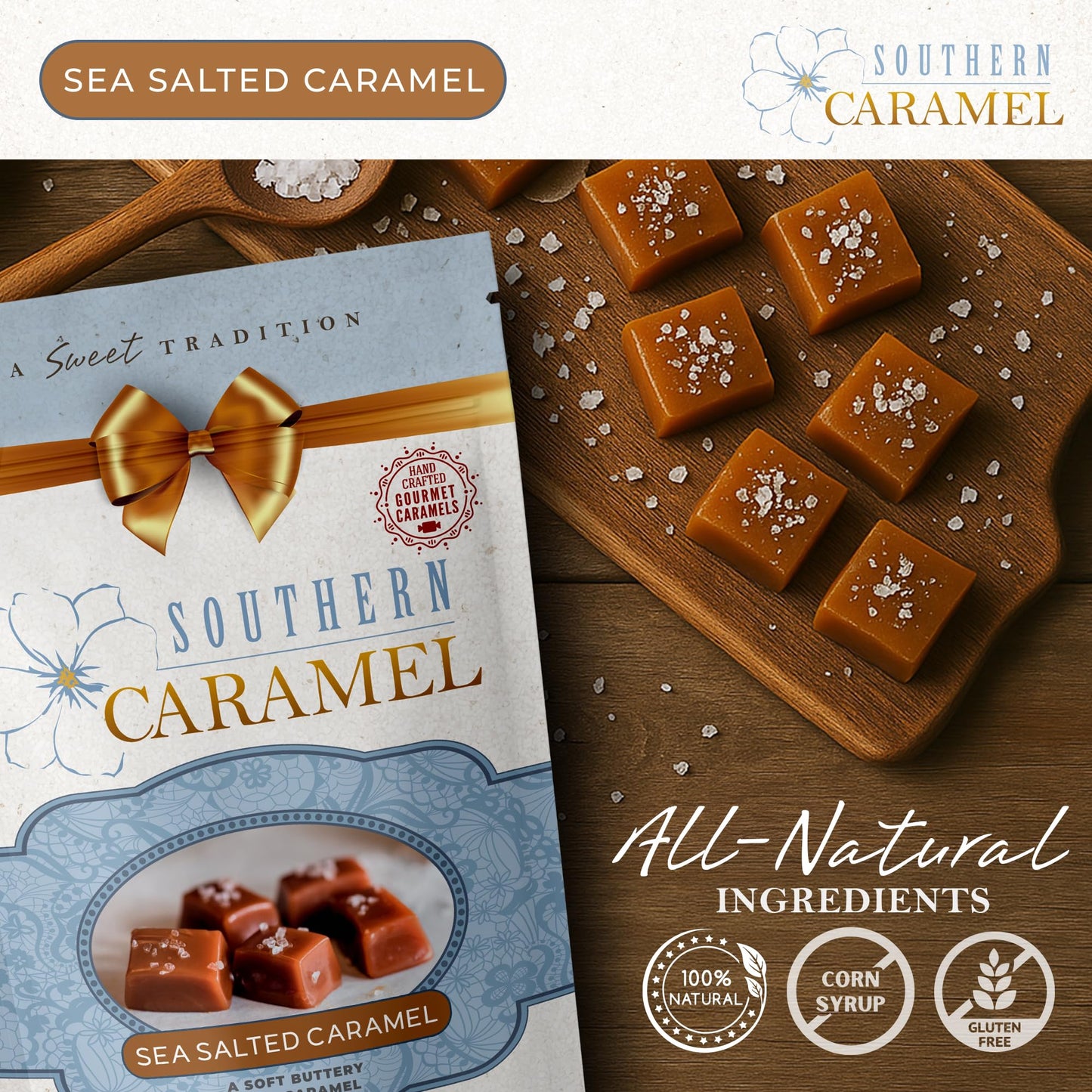 Southern Caramel Sea Salted Caramels, Rich, Buttery Caramel Candy with a Sprinkle of Coarse Sea Salt, Sweet & Salty, Handcrafted, No Corn Syrup