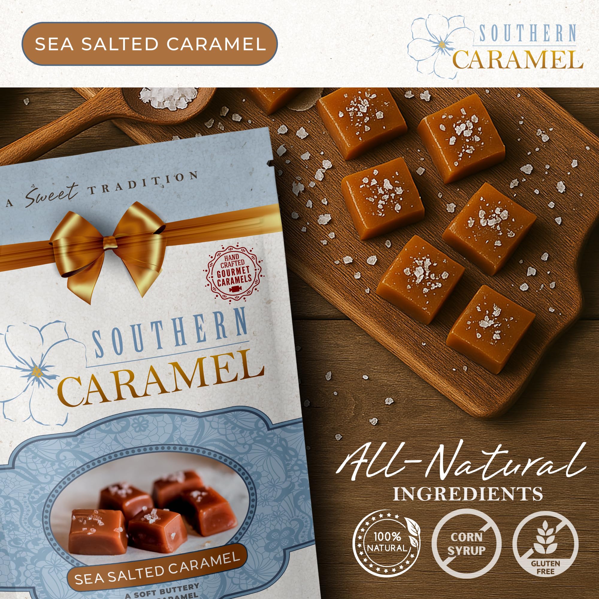 Southern Caramel Sea Salted Caramels, Rich, Buttery Caramel Candy with a Sprinkle of Coarse Sea Salt, Sweet & Salty, Handcrafted, No Corn Syrup