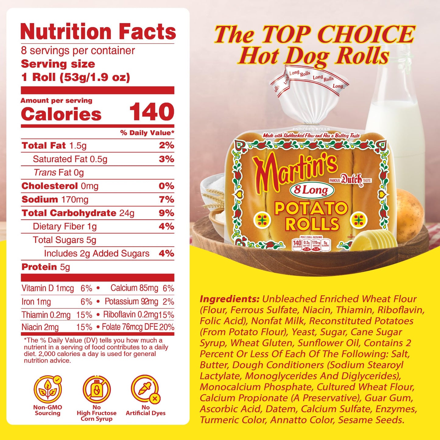 Martins Long Potato Rolls - 6” Soft & Sweet Fresh Hotdog Buns with Golden Hue - Made with Nonfat Milk, High Protein Wheat Flour & Cane Sugar - Perfect
