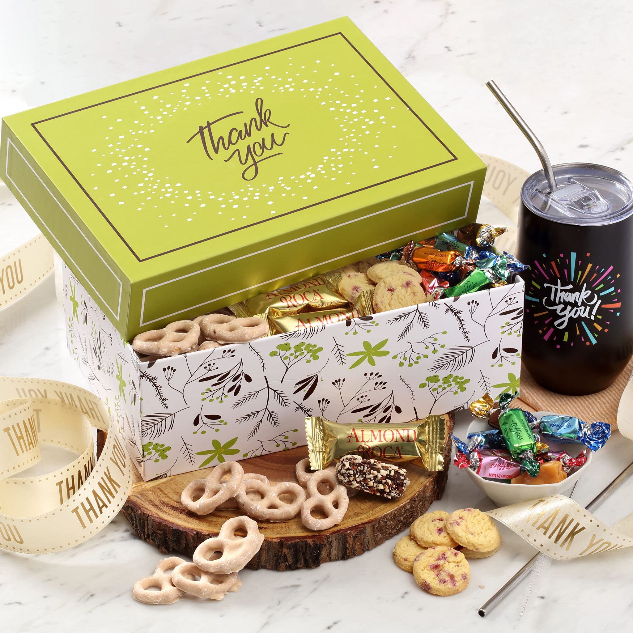 Broadway Basketeers Thank You Chocolate and Sweets Gift Box with a large 16oz. Insulated Thank You Gift Mug Express Your Wishes with This Fun Filled