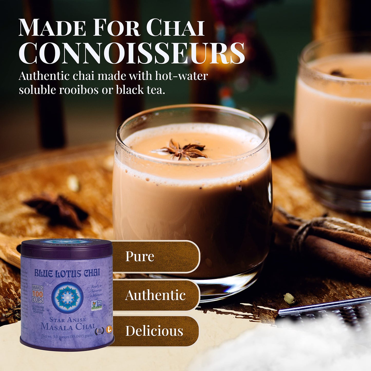 Blue Lotus Chai - Star Anise Masala Chai - Makes 100 Cups - 3 Ounce Masala Spiced Chai Powder with Organic Spices - Instant Indian Tea No Steeping