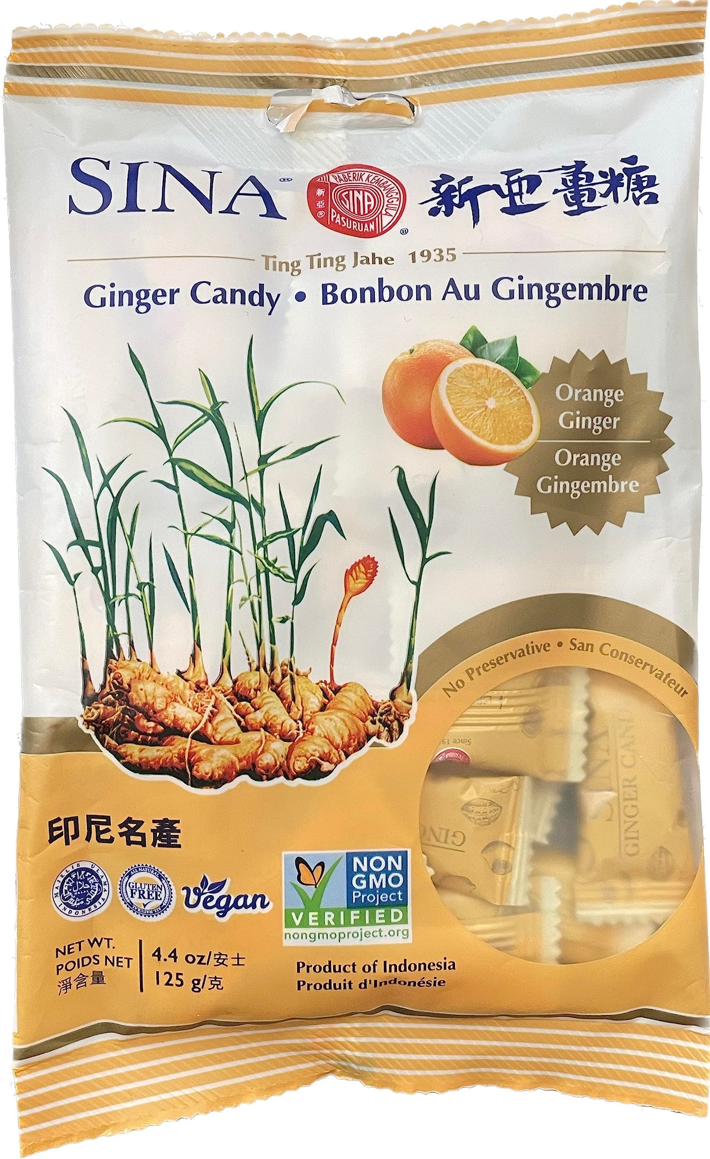 Sina Ting Ting Jahe Ginger Chewy Candy With Orange, 4.4 Ounce