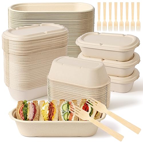 FEHHTO 100-Pack 30oz Disposable Meal Prep Containers with Lids, Sugarcane Pulp Compostable Food Containers + 100 Bamboo Forks, To-Go Food Containers