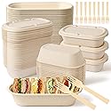 FEHHTO 100-Pack 30oz Disposable Meal Prep Containers with Lids, Sugarcane Pulp Compostable Food Containers + 100 Bamboo Forks, To-Go Food Containers